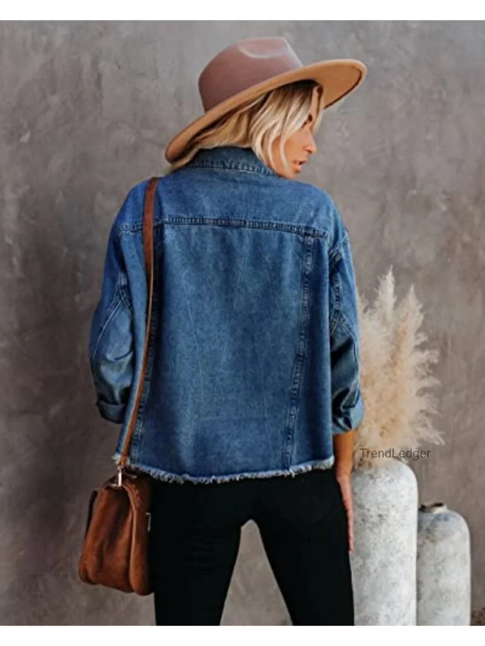 Women's Denim Jacket Classic Trucker Button Up Frayed Cropped Loose Fit Shacket